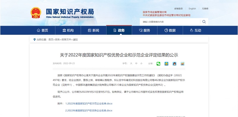 漢威入選“2022年度國家知識產(chǎn)權優(yōu)勢企業(yè)名單”